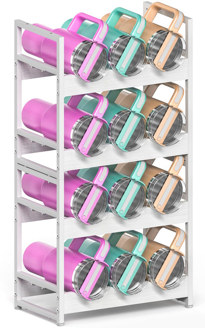 Kssiaz Wooden Water Bottle Organizer, 20/30/40oz Tumbler Organizer, Bottle Holder for Owala/Yeti/Stanley, Kitchen Pantry Water Bottle Storage Rack for Cabinets, Wood Wine Rack, 4 Tier Hold 12