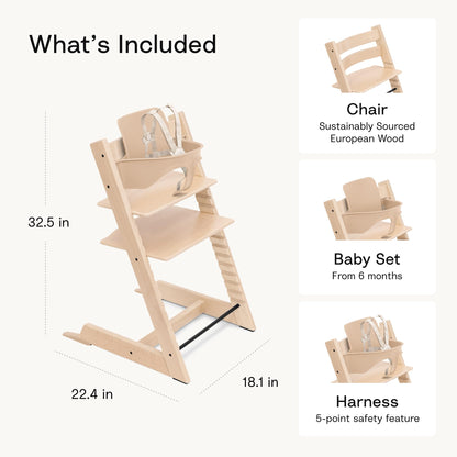 Stokke Tripp Trapp High Chair 2, Natural - Includes Chair + Baby Set with Removable Harness for Children 6-36 Months - Adjustable, Ergonomic & Easy to Clean