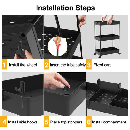 SPACELEAD 3 Tier Rolling Cart with Wheels, Storage Craft Art Trolley Organizer Serving, 3 Hanging Baskets Easy Assembly, for Office, Bathroom，Living Room, Kitchen, Black