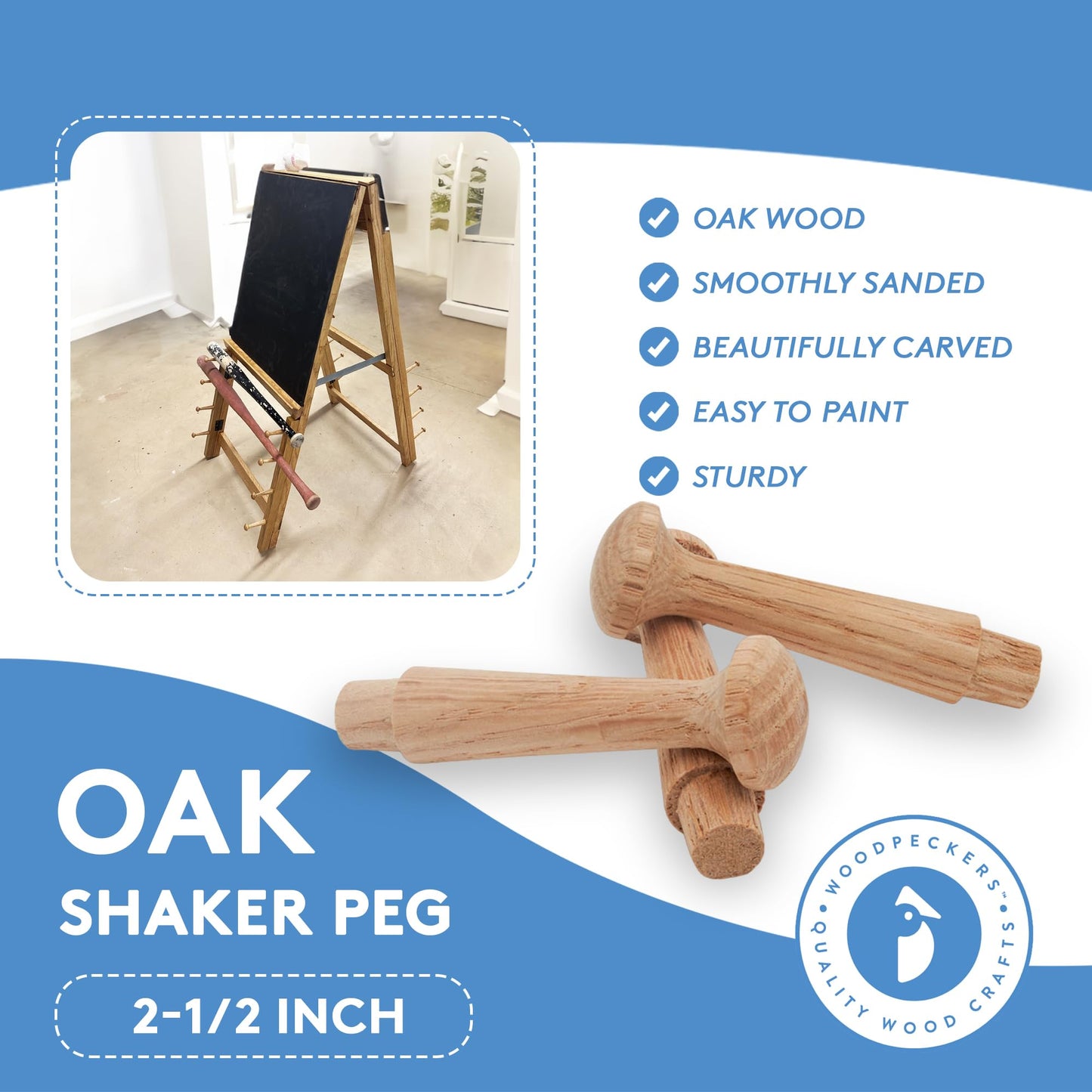 Oak Shaker Peg 2-1/2 inch, Pack of 12 Wooden Pegs for Hanging, DIY Shaker Rack and Rail, by Woodpeckers