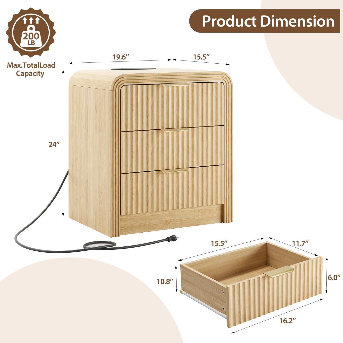 Decofy Fluted Nightstand with Charging Station, Modern Bedroom Side Table with Gold Handles, Curved Profile Design, End Table Wood Organizer for Bedroom, 19.7" & 3 Drawers (1 Pack, Natural Oak)