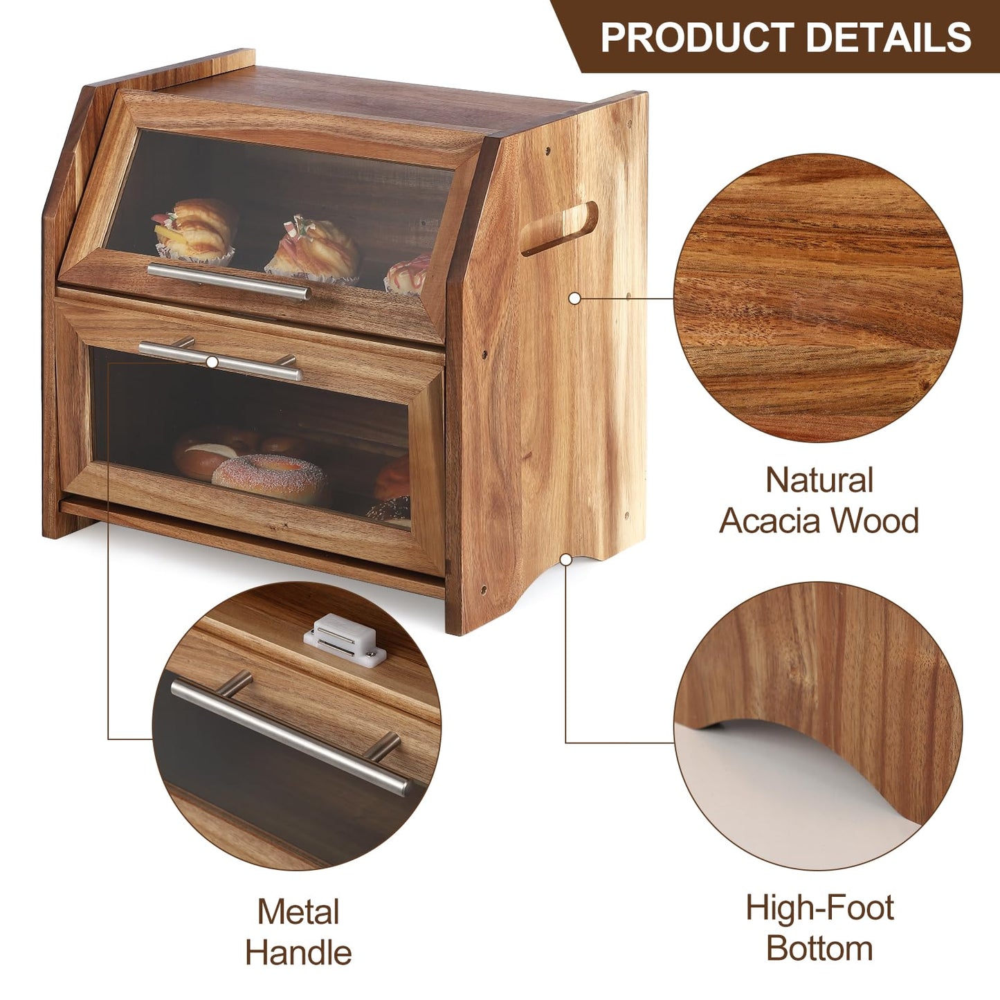 Bread Box, 2 Layer Bread Bin with Clear Acrylic Door Panel and Air Vents, Wooden Countertop Bread Storage Container, Farmhouse Bread Holder for Bread, Bagels and Rolls, Brown