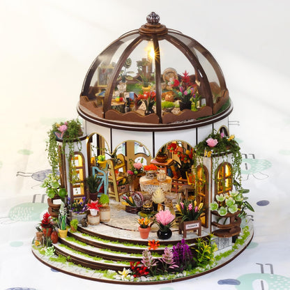 Hanging Garden Miniature House Kit, Wooden Dollhouse with LED & Furniture