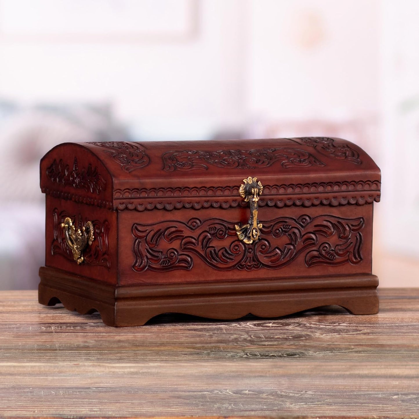 NOVICA Colonial Theme Mohena Wood and Tooled Leather Jewelry Box, 'Colonial Legacy'