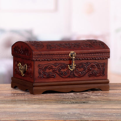NOVICA Colonial Theme Mohena Wood and Tooled Leather Jewelry Box, 'Colonial Legacy'