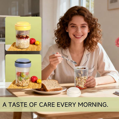 Overnight Oats Containers with Handles & Lids – 16oz Glass Mason Jars with Spoons & Fruit Compartments, Chia Pudding Jars with Lids, 4 Sets (Cream, Blue, Yellow, Pink)