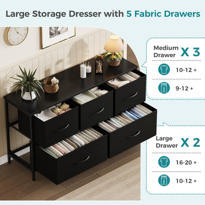 OLIXIS 5 Drawer Dresser for Bedroom, Closet Chest Organizer Furniture, TV Stand for Living Room Hallway, Wide Fabric Storage Tower with Wooden Top and Metal Frame, Black