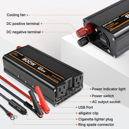 EFFORTWAY 800W Power Inverter, Inverter 12V to 110V with 2 AC Outlets, 2.1A USB Port, Car Power Inverter with Alligator Battery Clamp for Phone, Laptop on Camping, Road Trip