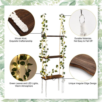Novabright 3-Tier Boho Wall Hanging Shelves with LED Lights and Green Leaves, Irregular Edge, Floating Wall Shelf for Bedroom Art, Wooden Hanging Floating Storage Shelves Room Decor