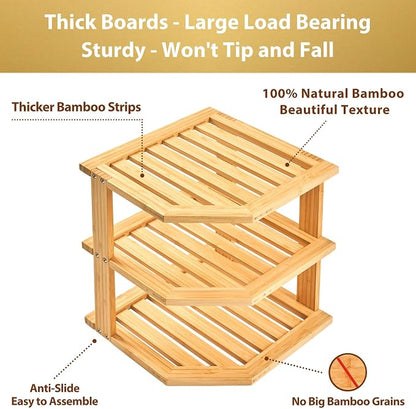Umilife Plate Organizer for Cabinet, Bamboo Corner Shelf, Dish & Bread Organizer, Spice Rack, Kitchen Bathroom Countertop Storage Organization Space Saver