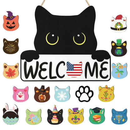 ZenDecor Cute Cat Interchangeable Welcome Home Sign for Front Door, Farmhouse Wooden Door Hanger with 18 Seasonal Icons, Porch, Entryway & Wall Decor, Housewarming Gift