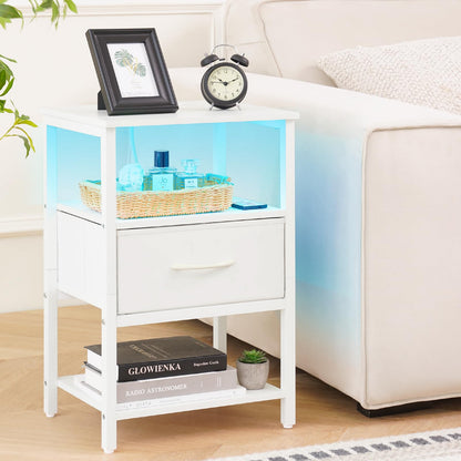 Yoobure White Night Stand with Charging Station, LED Nightstand for Bedroom, Bedside Tables with Adjustable Fabric Drawer, 3-Tier End Table Living Room, Small Side Table with Storage