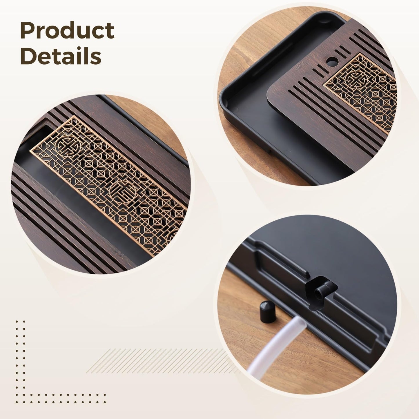 5 PCS Wooden Tea Tray Set, Tea Serving Tray with Accessories, Kungfu Tea Tray Set, Tea Serving Tray Drain & Store Water for Home Office, Includes Cleaning Brush, Silicone Hose, Tea Cloth, Tea Tongs