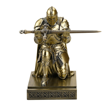 Amoysanli Medieval Armored Warrior Wearing Outerwear, Mobile Phone Stand Knight Pen Holder Desk Organizers, Resin Bookends Paperweight with a Letter Opener for Desk (Bronze)