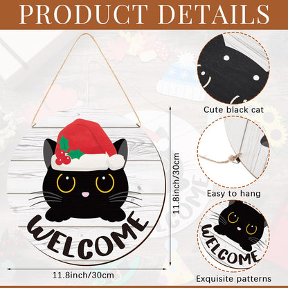 BrightRow 16 Pcs Interchangeable Welcome Sign Set for Front Door, Wooden Black Cat Welcome Sign with 15 Headwear, Farmhouse Decor for Porch, Halloween, Christmas, Housewarming Gift, Cat Lovers