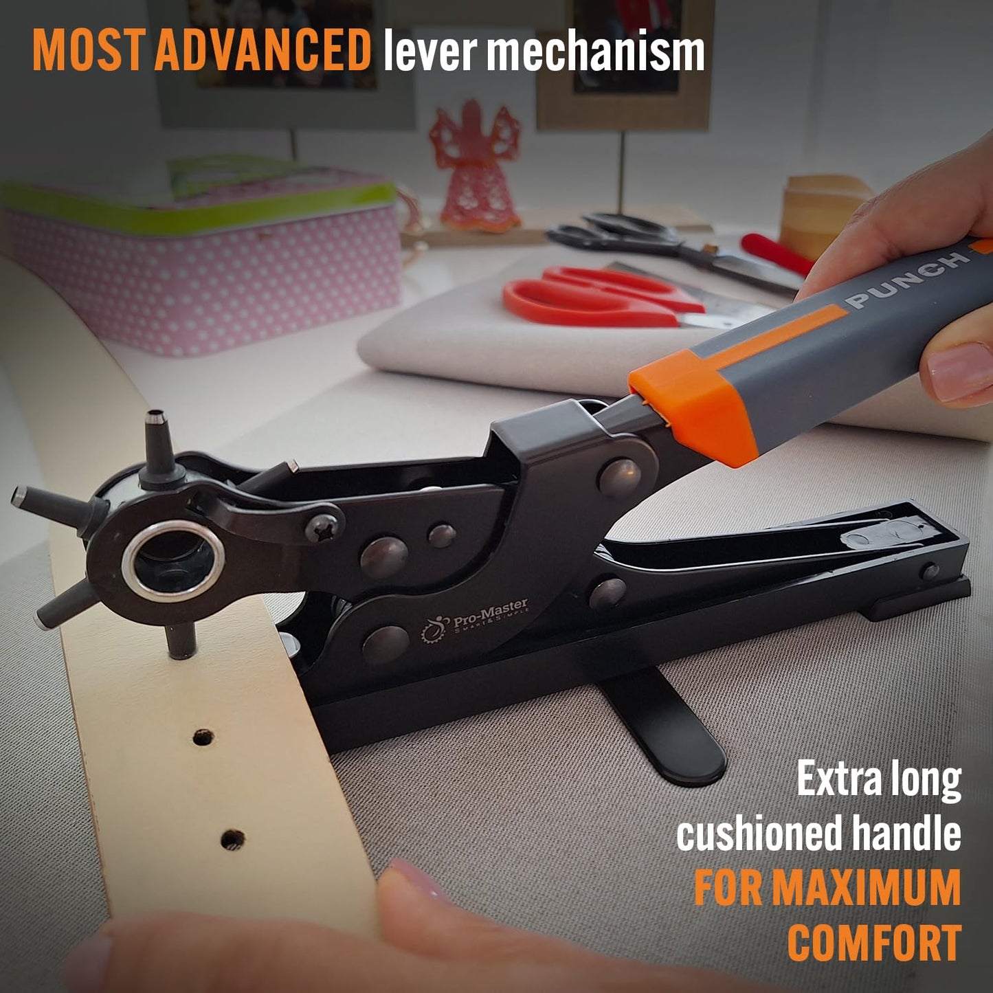 Desktop Leather Belt Hole Puncher Tool - Easier to Use Tabletop Design for Watch Band, Handbag Strap. Heavy Duty Carbon Steel, Precision 6 Sizes Hole Punch for Fabric, Crafts, Easy DIY