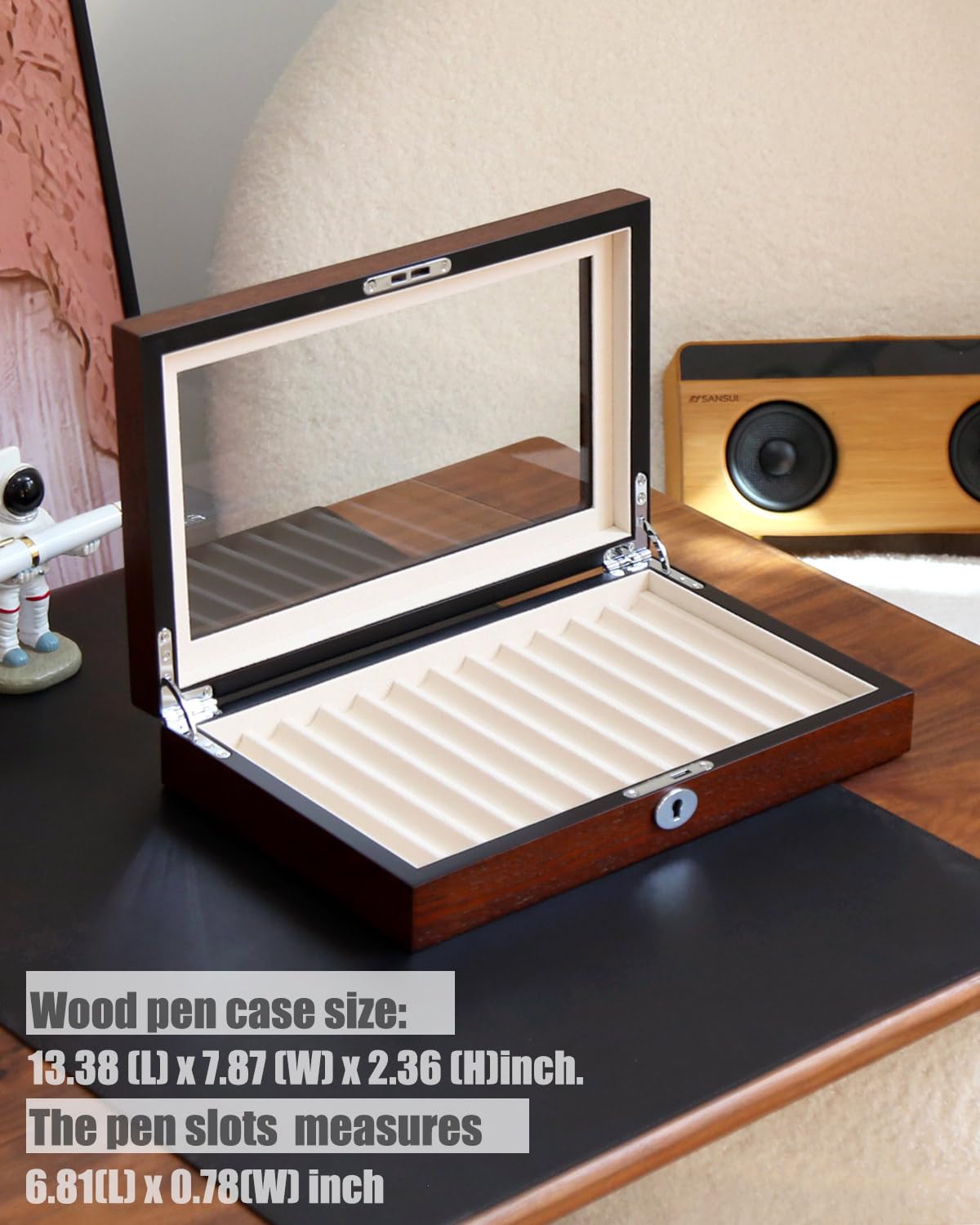 Besforu 12-Slot Fountain Pen Collector Case – Lockable Wooden Organizer with Glass Display Top, Premium Storage Box for Writing Instruments and Gift for Men
