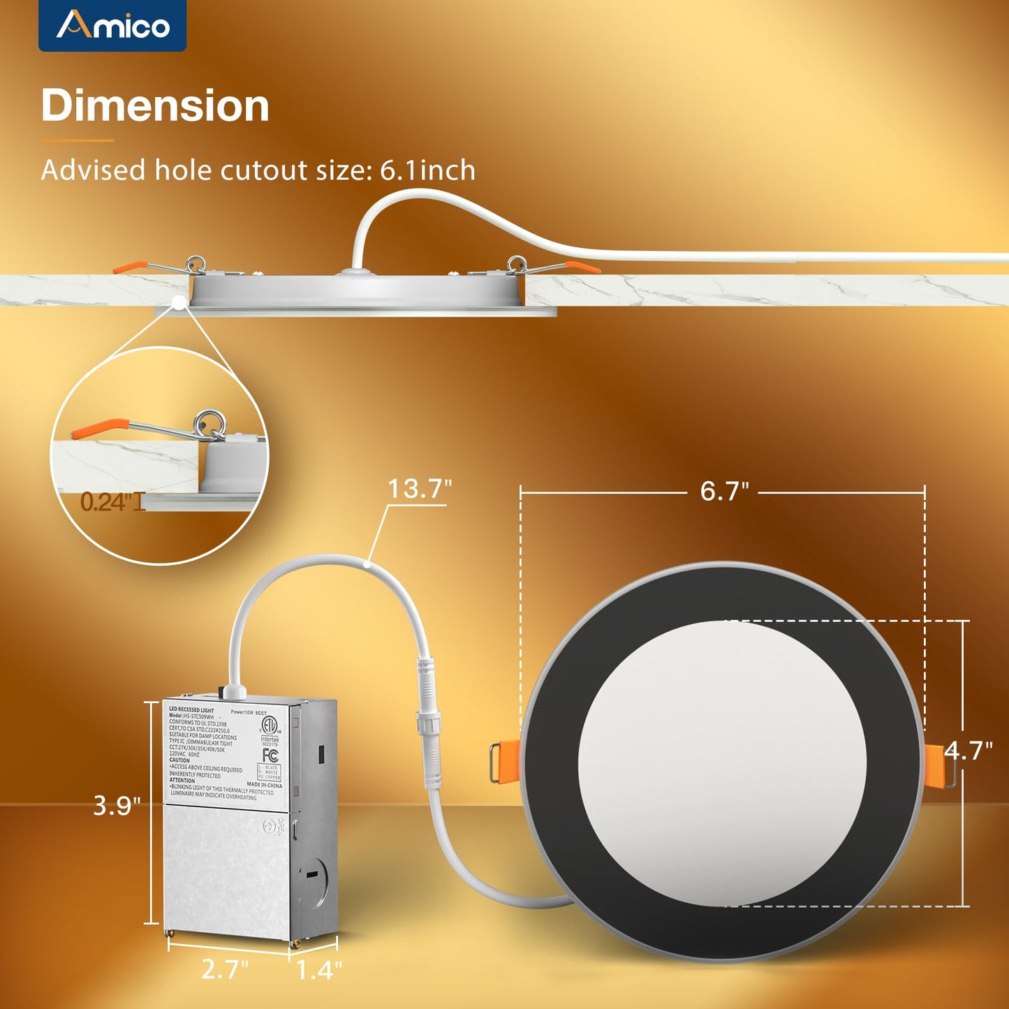 Amico 12 Pack 6 Inch 5CCT LED Recessed Ceiling Light with Night Light, 2700K/3000K/3500K/4000K/5000K Selectable Ultra-Thin Lighting, 12W=110W, 1100LM, Dimmable Canless Wafer Downlight ETL&FCC