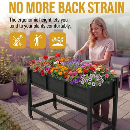 DWVO 47x18x31in Raised Garden Bed HDPE, Weather-Resistant Poly Wood Planter Box Stand, Planter Box with Legs & Lockable Wheels, Elevated Garden Bed for Backyard Patio Balcony - Black