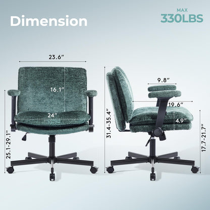 Morkprism Criss Cross Chair with Flip-Up Arms and Lockable Wheels, Plush Fabric Cross Legged Office Desk Chair,Wider 125°Tilting Adjustable Swivel Computer Chair for Home, Apartment, Bedroom,Green