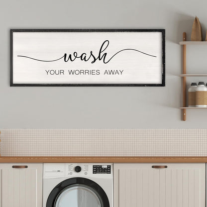 RLWangChao Farmhouse Laundry Room Wall Decor Wash Your Worries Away Sign 32×12 Inch Bathroom Inspirational Quote for Shower Room above the Bathtub Wooden Framed Minimalist Wall Hanging Art (Black)