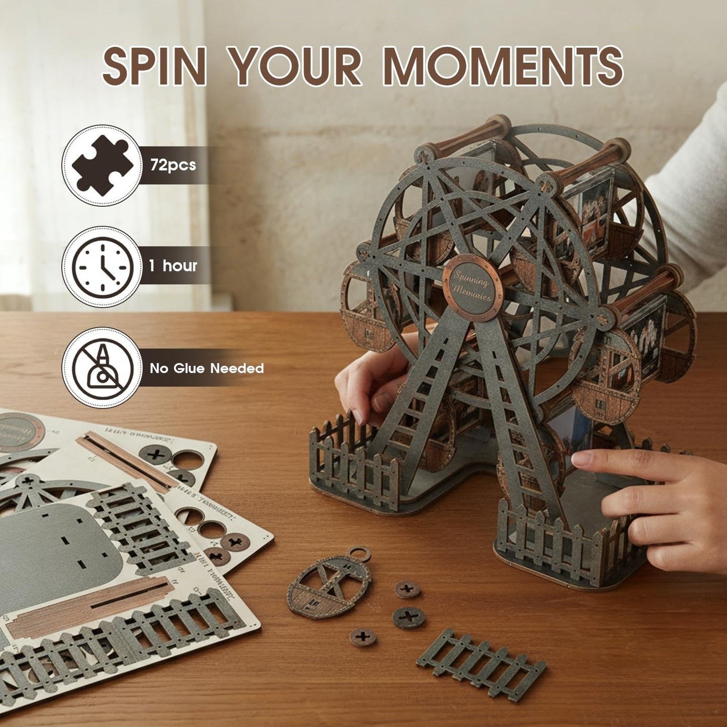 Photo Ferris Wheel 3D Wooden Puzzles for Adults, Rotating Mini Picture Frame Wood Model Kits - Unique Graduation, Personalized Anniversary Presents for Dad, Women Men