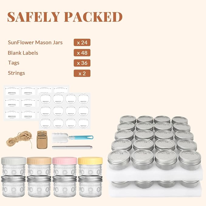 CycleMore 4 oz Glass Mason Jars – 24-Pack Small Canning Jars with Regular Mouth & Two Sets of Lids (24 Metal + 24 Plastic) – for Jam, Jelly, Spices, Overnight Oats, Wedding Favors