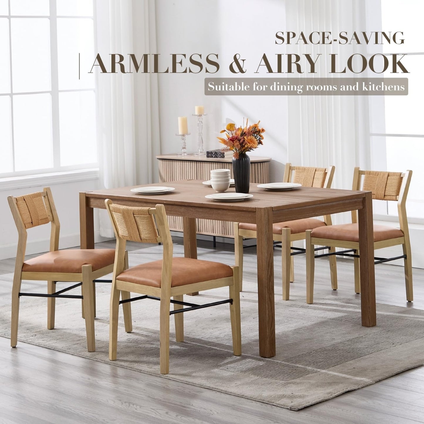 CIMOTA Wooden Dining Chairs Set of 2, Rope Woven Back,Upholstered Dining Room Chairs with Brown Faux Leather 2.25" Padded Seat, Mid-Century Modern Farmhouse Armless Kitchen Side Chairs for Dining Room