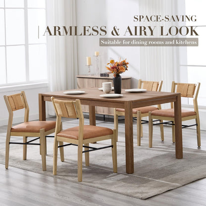 CIMOTA Wooden Dining Chairs Set of 2, Rope Woven Back,Upholstered Dining Room Chairs with Brown Faux Leather 2.25" Padded Seat, Mid-Century Modern Farmhouse Armless Kitchen Side Chairs for Dining Room