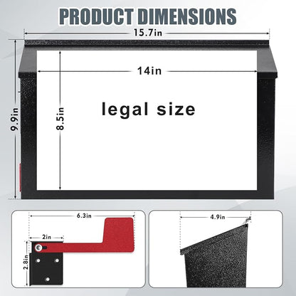 KYODOLED Wall Mount Mailboxes for Outside with Flag and Number Stickers, Galvanized Steel Rust-Proof Metal Post Box, Large Capacity Mail Box for House,15.7"x9.9"x4.9" Black
