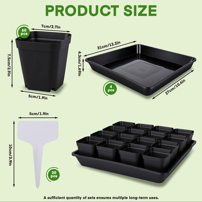 GREANER 4PCS Seed Starting Trays 12 Inch, 60PCS 2.7 Inch Sturdy Seedling Pots with Drain Holes and 20PCS Plant Labels for Indoor&Outdoor Use
