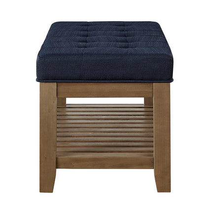24KF Large Rectangular Upholstered Tufted Linen Fabric Ottoman Bench, Padded Bench with Solid Wood Shelf-Navy Blue