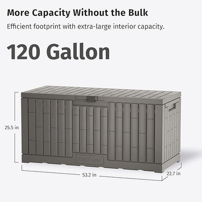 EAST OAK 120 Gallon Outdoor Storage Box | Large Resin Deck Box with Reinforced Stainless Steel Support | Waterproof & UV-Resistant Patio Storage Box for Cushions, Garden Tools & Pool Accessories, Grey