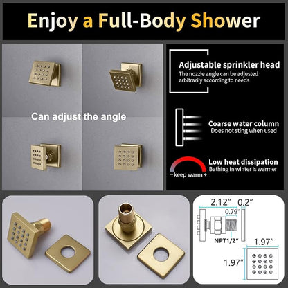 AYIVG Brushed Gold 16 x 26 Inch Full Body Thermostatic Rainfall Shower System 64 Color LED Rainfall Luxury Shower Head System with 6 Spray Jets Ceiling Mount Rain Temperature Display Shower Faucet Set