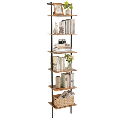 POBOMULI 6-Tier Ladder Shelf, 77 Inches Wall Mounted Ladder Bookshelf with Metal Frame, Wood Tall Open Storage Rack and Display Shelves for Home Office Bedroom Living Room, Rustic Brown