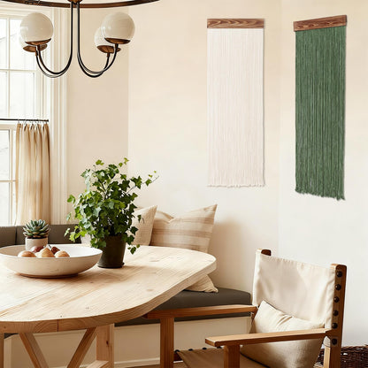 KHOYIME Macrame Wall Hanging Boho Chic Home Decor, 2PCS Bohemian Green Beige Tassel Yarn Tapestry Modern Handmade Large Wall Art Decorations for Living Room Bedroom Nursery Backdrop 11.8''W x 36''L
