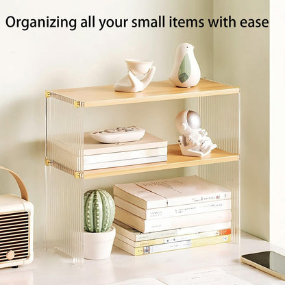 Coffee Station Acrylic Organizer - Wooden Desktop Storage Shelf for Office, Kitchen & Living Room, Multi-Layer Coffee Cup Holder & Condiment Rack, Acrylic Display Shelf for Mugs, Books (2 Tier)