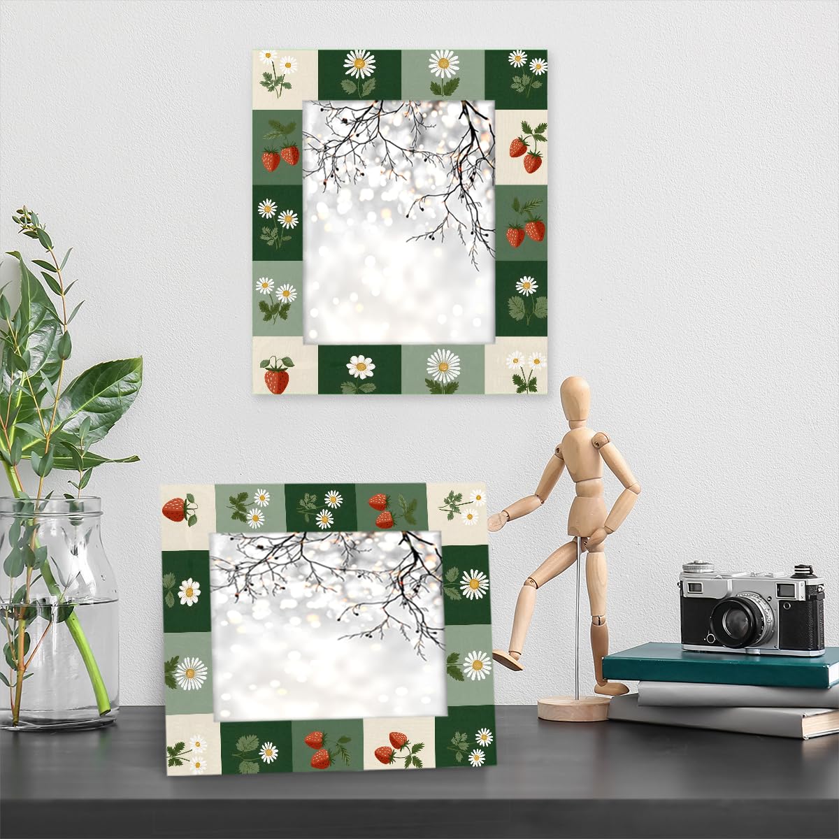 cfpolar 8x10 Picture Frame, Flower Fruit Strawberry Wooden Photo Frame Fits 5x7 with Mat or 8x10 without Mat Photo, Display Photos for Wall or Tabletop Desk Home Gallery Living Room
