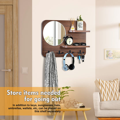 YeadCedle Coat Rack with Shelf Rustic Wooden Wall Mounted Hanging Coat Rack with Mirror Shelves and 4 Double Hooks Decorative Entryway Hook Shelf for Hallway Living Room Bedroom 16"x12" (Brown S)