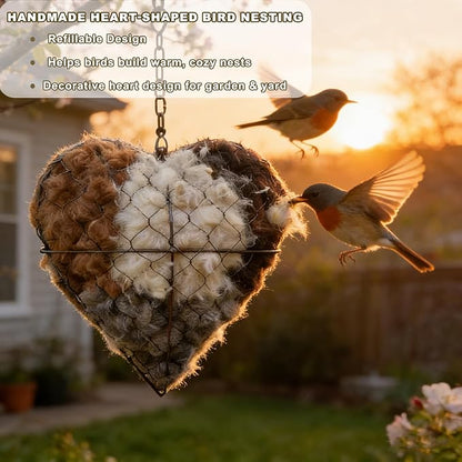 Handmade Fiber Bird Nesting Heart, Alpaca Bird Nesting Material Holder, Hummingbird Houses Nest Boxes,Garden Art Birdhouse Outside Gifts for Birds Lovers