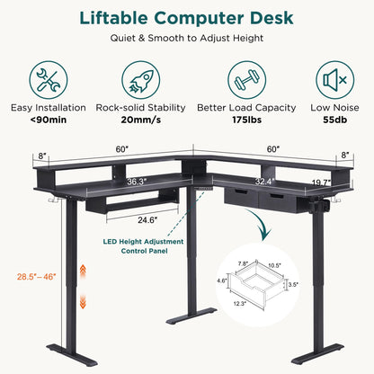 RedLemon 60 Inches L Shaped Electric Standing Desk, Height Adjustable Corner Gaming Desk with Drawers, Power Outlets & LED Lights, Computer Desk with Monitor Shelf, Carbon Fiber Black