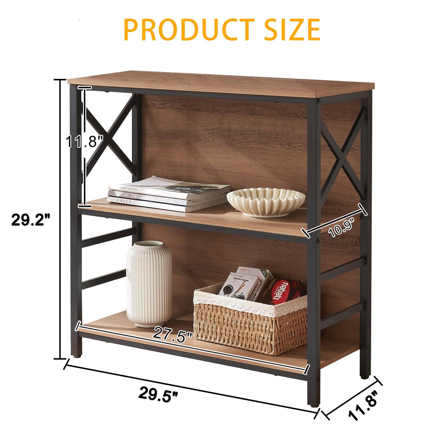 MNEETRUNG Book Shelf, Small 3-Tier Industrial Bookshelf with Strong Metal Frame & Backboard, 29.5" Short Bookcase for Small Spaces, Living Room, Bedroom and Home Office, Brown