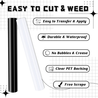 HTVRONT Permanent Vinyl Roll with Transfer Tape, 12" x 14FT Black & White Adhesive Vinyl Compatible with Cricut Cutting Machine, Silhouette - 2 Rolls Easy to Weed & Transfer