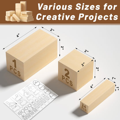 Yalumo 27 Pcs Basswood Carving Blocks, Whittling Wood Carving Kit with 3 Different Sizes and Pattern Sticker, Soft Unfinished Wooden Blocks for Crafts Beginners Adults
