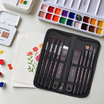 10 Pieces Paint Brush Set, Artist Series, Nylon Bristles with Round, Flat, Fan, Angle, Detail Brush, Suitable for Artists and Beginners for Acrylic Painting, Oil, Watercolor, Gouache(Black)