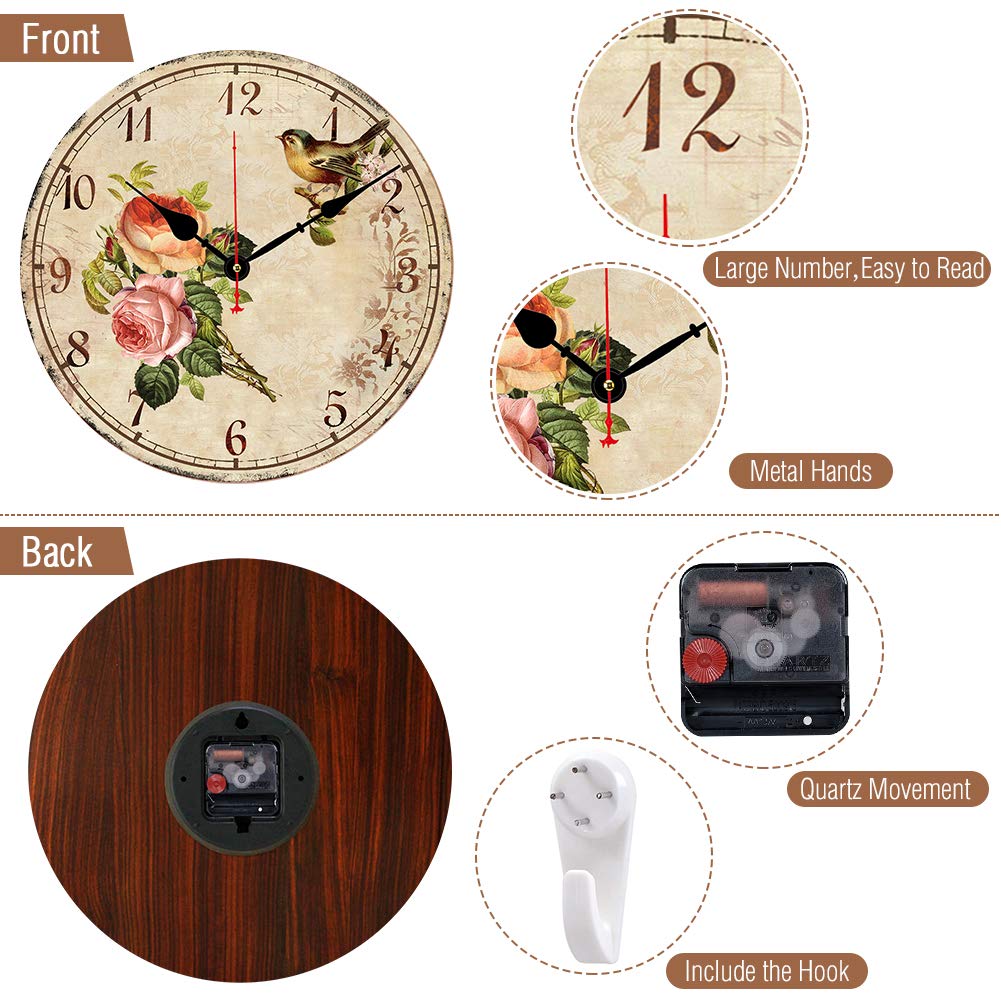 BERYART 14 Inch Silent Non-Ticking Wall Clock, Big Arabic Numerals Wall Clocks, Wooden Round Clock, Battery Operated Home Decor Hanging Clocks, Bird on Flower Pattern Clock …