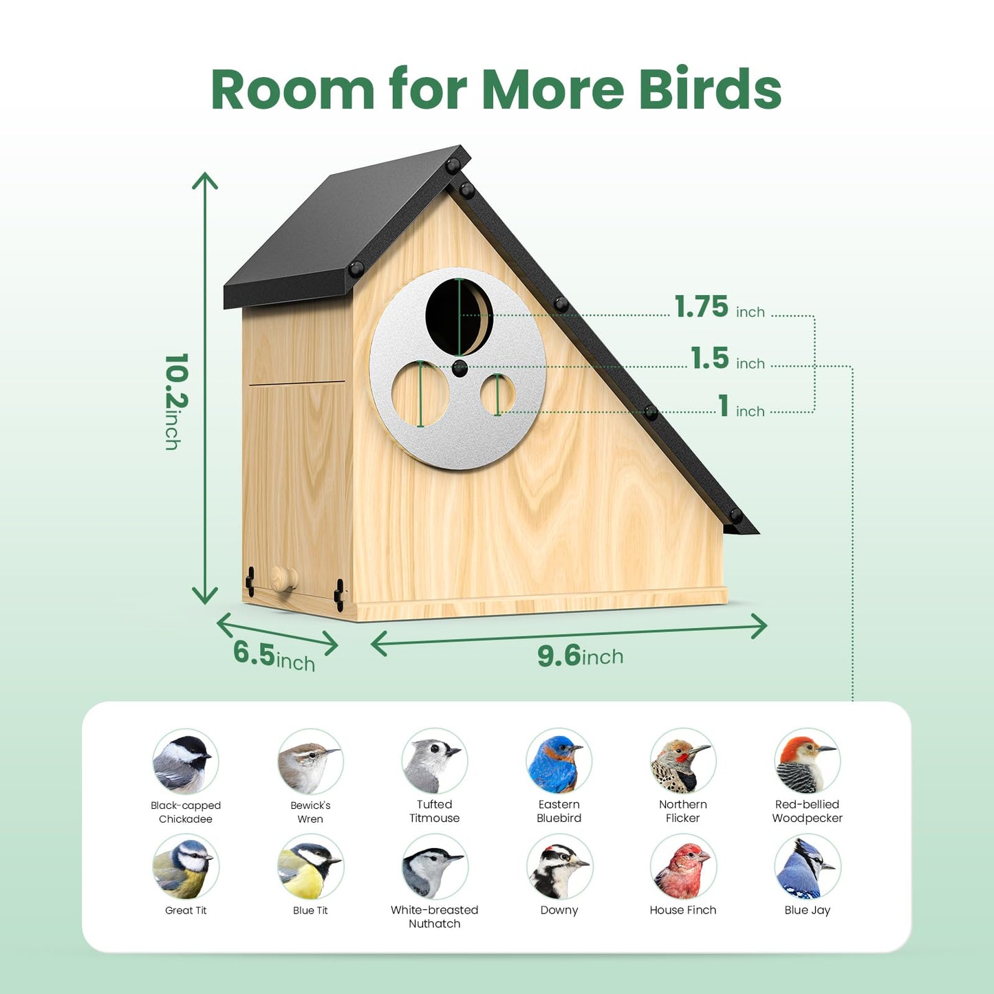 Bird House - Adjustable Entrance Fit All Birds, Outdoor Bird Houses for Outside Weatherproof, Durable Wood Birdhouse for Bluebird, Finche, Wren, Chickadee, an Ideal Backyard Decoration (Iron Roof)