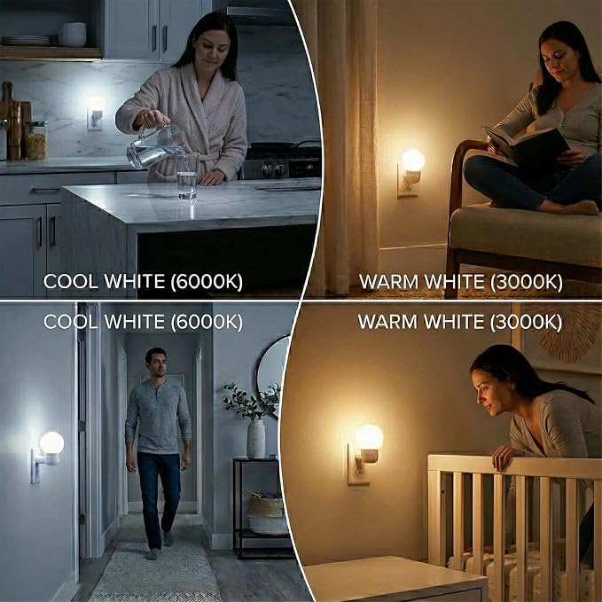 LED Night Lights Plug into Wall 2-Pack, Warm White/Cool White Adjustable，Tool Free Setup Plug in Night Light，1W Bright Nightlight for Adults Room Bedroom Bathroom Hallway Kitchen