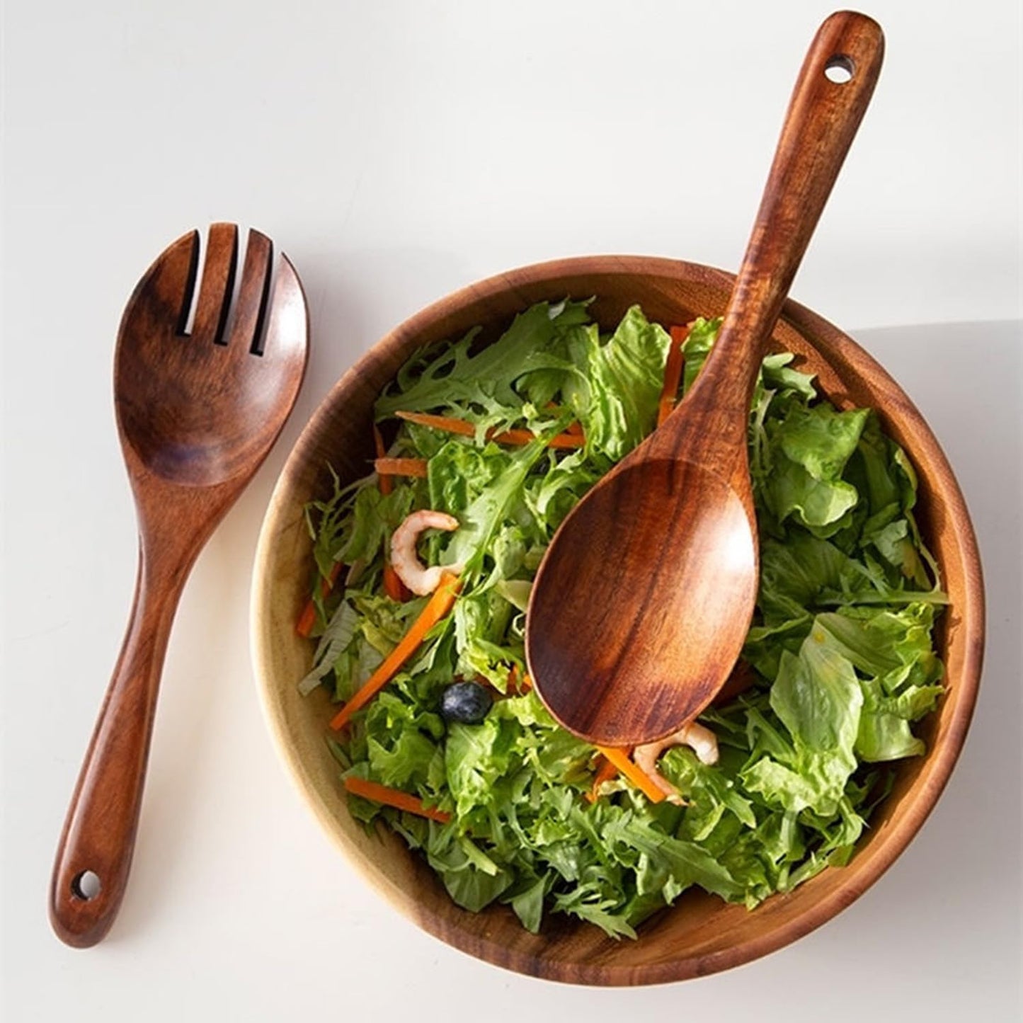 YXE Wooden Salad Bowl Set, 9.45 inch*2.75 inch Acacia Wood Large Salad Serving Bowl with Salad Spoon and fork for Mixing Fruits Cereal Pasta Salad,Pasta-(3 Piece Large Salad Bowl Set) (1, 9.45in)