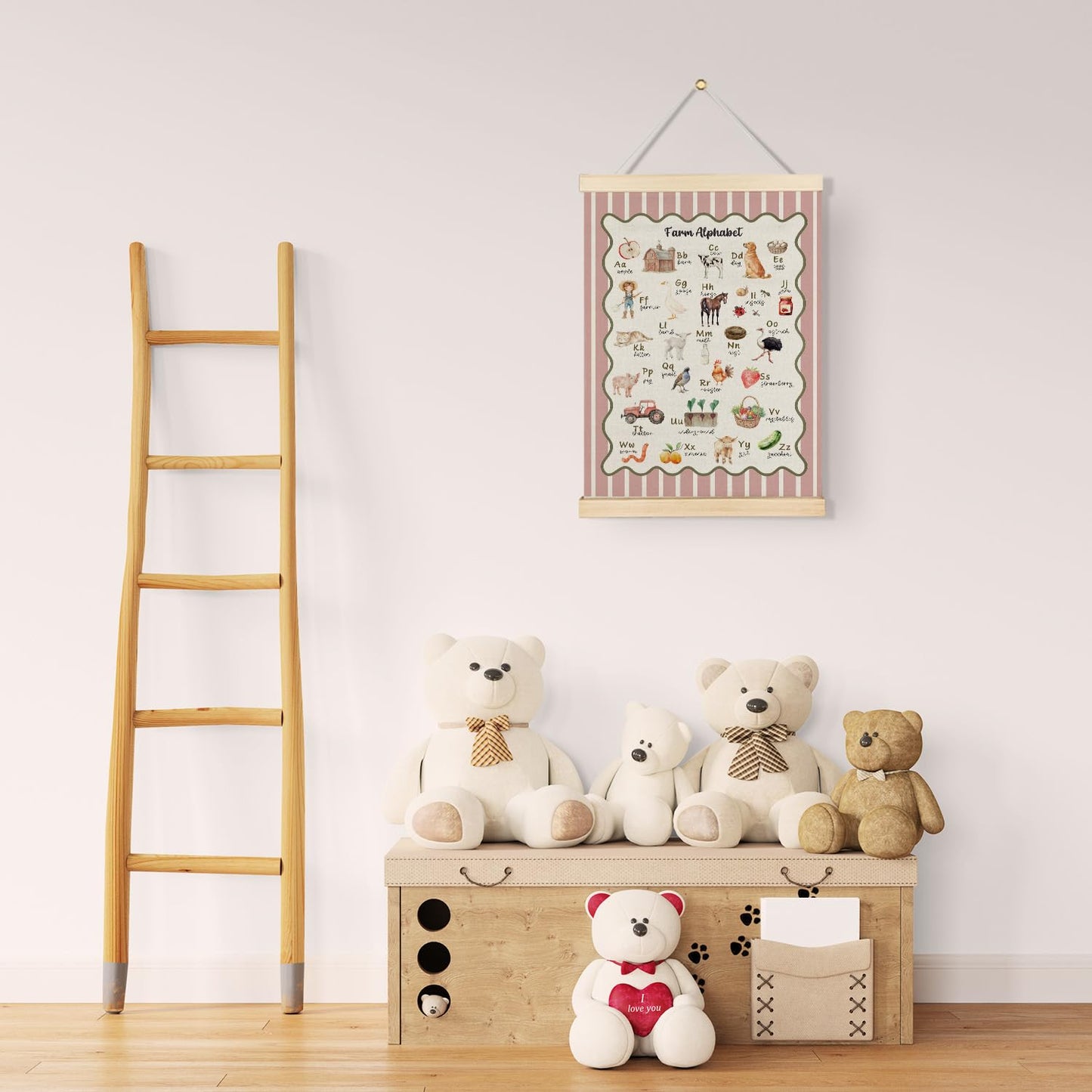 Qvapt Farm Alphabet Pink Wall Art Poster Hanger Frame, Farmhouse Animal ABC Educational Wall Art With Wooden Poster Hanger for Toddler Room Classroom Nursery Playroom Decorations, 12x16 Inch